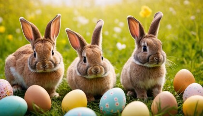 Fototapeta na wymiar cute and cute easter background with easter eggs and bunnies