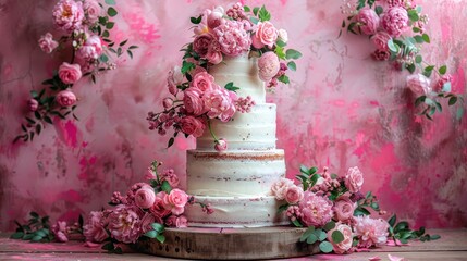   A three-tiered wedding cake adorned with pink flowers sits atop a wooden stand before a pink and pink wall
