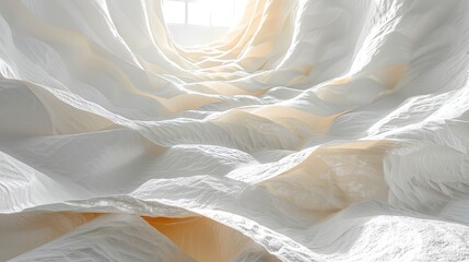   A bed is depicted with white sheets and a window above it, allowing sunlight to filter in from the top - obrazy, fototapety, plakaty