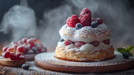   A wooden platter holds a cake topped with berries and dusted with powdered sugar, berries scattered on top as well