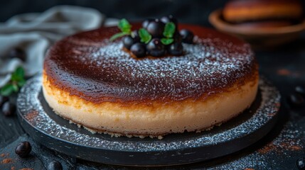   A cake, topped with powdered sugar, sits atop a plate on a table Blackberries grace the cake's peak