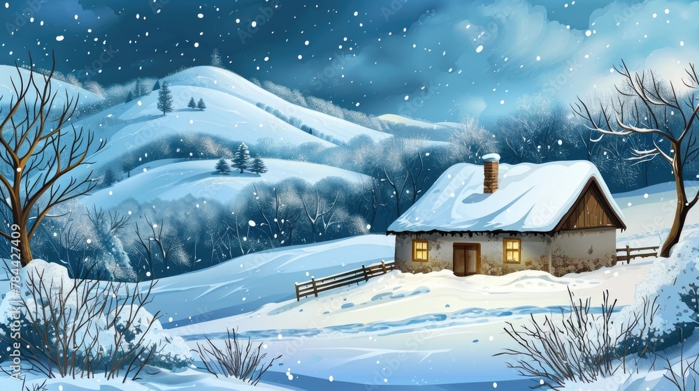 Wall mural a snowy landscape with a house in the foreground