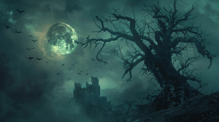 A hauntingly beautiful scene set on a spooky night with a full moon, a graveyard cemetery leading up to a creepy castle