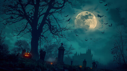 Graveyard cemetery transformed into a spooky castle on a dark night with a full moon and bats perched on a dead tree