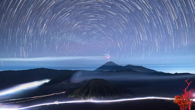 Night sky full of stars over Mount Bromo volcano, Java, Indonesia