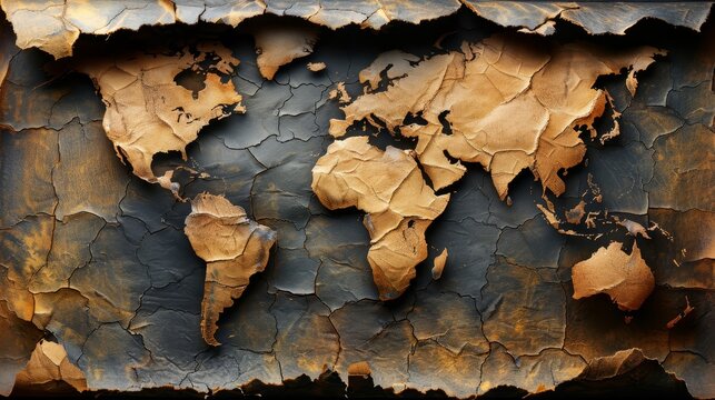  A rusted metal surface bears a world map, its edges sporting peeling paint