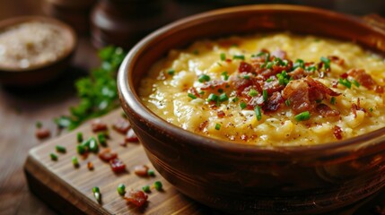 Dishes of Ukrainian cuisine: Banush is a porridge made of corn groats, boiled with milk or cream, served with pieces of bacon and salted cheese cheese. - obrazy, fototapety, plakaty