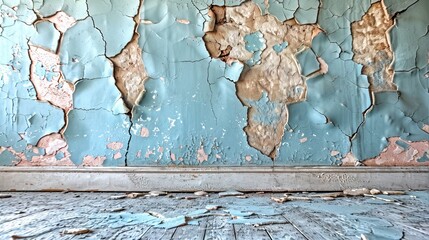   A room featuring peeling paint on its walls and a worn wooden floor, leading up to a wall likewise sporting peeling paint