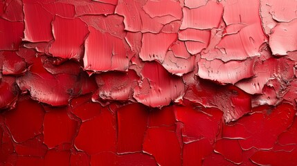   A detailed view of a red wall with peeling paint Paint chips dangle from larger chunks coming off the wall - obrazy, fototapety, plakaty