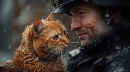 A firefighter and an orange tabby cat.