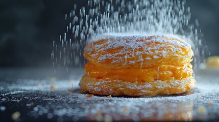  A wooden table holds a stack of donuts, each generously coated with powdered sugar - obrazy, fototapety, plakaty
