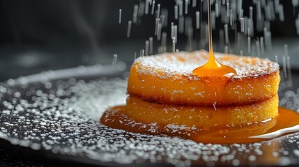   A cake slice topped with powdered sugar and a drizzle of syrup - obrazy, fototapety, plakaty