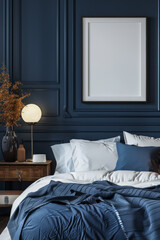 A 3D render of a frame mockup placed in a cozy dark blue bedroom interior, showcasing design elements and aesthetic choices.