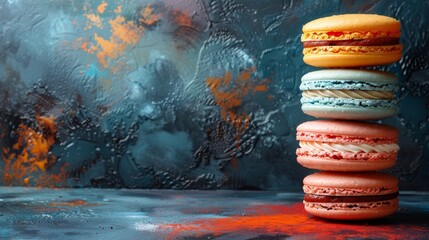   A stack of macaroons aligns before a window, frosted over - obrazy, fototapety, plakaty