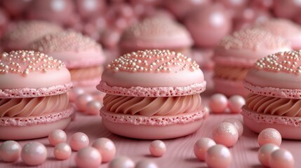 Obraz na płótnie Canvas A collection of pastel pink macarons, each topped with crisp white frosting and colorful sprinkles