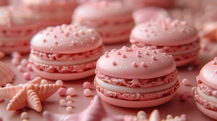 Obraz na płótnie Canvas A table, its top adorned with pink macaroons, each one boasting white frosting and a delightful sprinkle of both pink and white