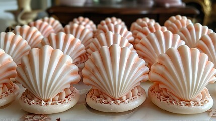   A collection of seashells stacked atop one another on a pristine white plate, situated on a table - obrazy, fototapety, plakaty