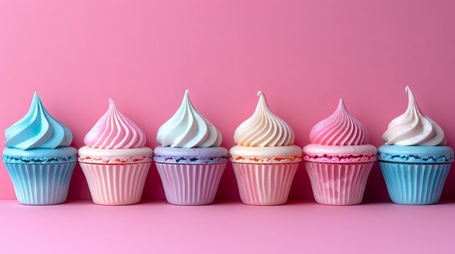   A pink background showcases a row of colorful cupcakes, each topped with pristine white frosting