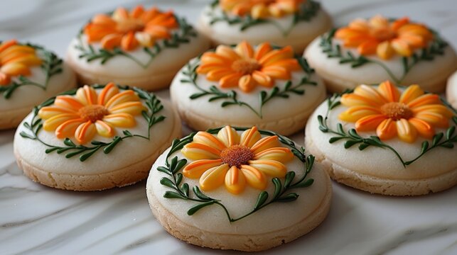   A close-up of orange and yellow flower decorations atop white-frosted cookies