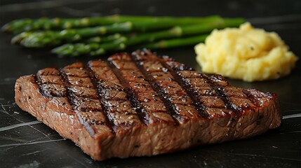   A steak, asparagus, and mashed potatoes arranged on a black countertop Knife nearby