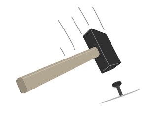 A hammer with a wooden handle hammering a nail. Vector illustration	
