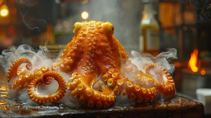 Foto op Plexiglas   A tight shot of an octopus on a table, steam escaping from its tentacles In the backdrop, a bottle of liquor © Jevjenijs