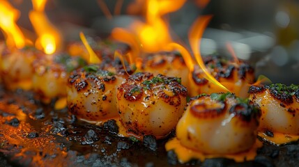 Obraz na płótnie Canvas A tight shot of scallops on the grill, flames ascending from their tops