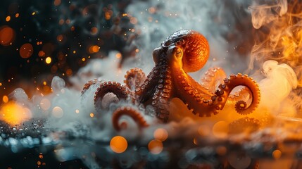   A tight shot of an octopus in water with steam rising from its tentacles - obrazy, fototapety, plakaty