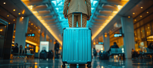 Man with luggage at the airport, baggage in hall, business man on trip