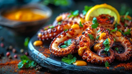 Fotobehang   A plate of octopus rings garnished with assorted garnishes © Jevjenijs