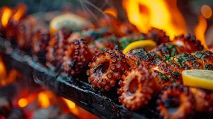   A close-up of octopus rings on a grill with lemon wedges and garnishes adjacent