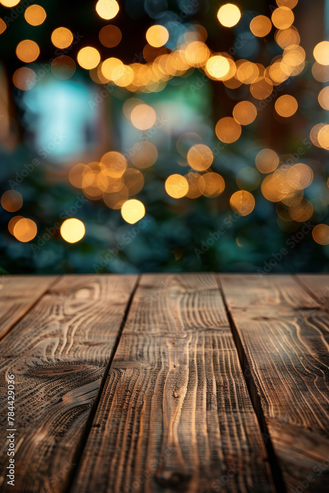 Poster an empty wooden table with a blurred background featuring beautiful bokeh lights, creating a cozy an