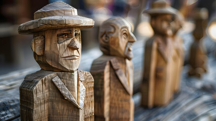 Naklejka premium Wooden figures in two rows