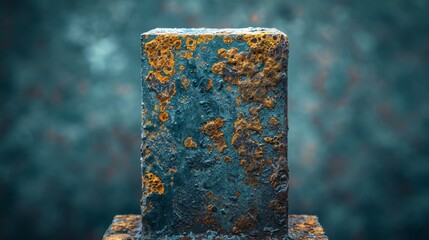   A tight shot of a weathered metal item on a table against a blue backdrop of a wall