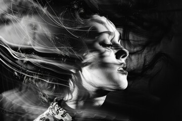 Mysterious woman exhaling smoke from mouth and hair in dramatic black and white portrait
