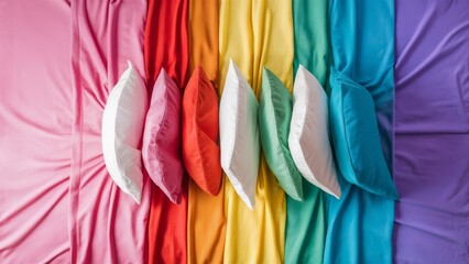 Flat lay of rainbow bed sheets and pillowcases.Pride Month Concept