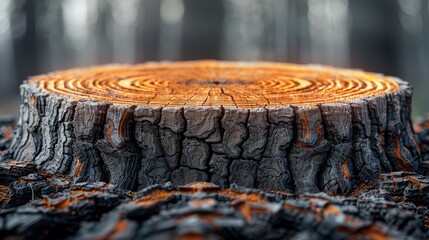   A tree stump, hex-shaped after being cut through, functions as a tabletop - obrazy, fototapety, plakaty