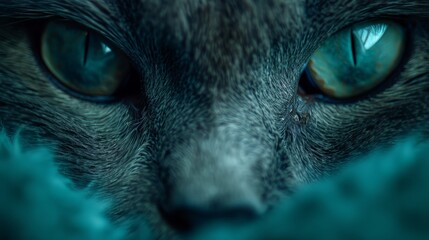   A tight shot of a cat's expressive eyes, framed by blue fur at its lower face - obrazy, fototapety, plakaty