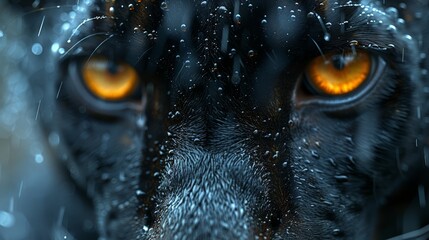   A tight shot of a black and orange dog's wet face, dotted with water drops on its fur
