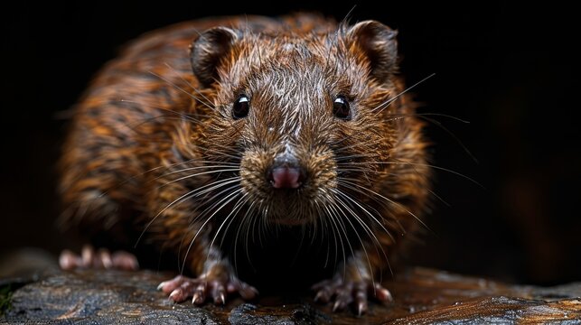   A rodent gazes intently at the camera in a tight shot on a rock