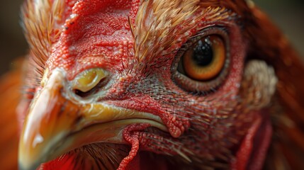   A tight shot of a rooster's face with a soft-focus effect, giving it a hazy appearance