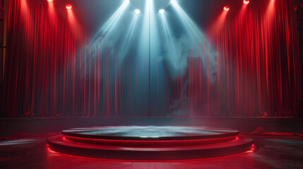 The anticipation of a theater performance set on an empty stage lit by spotlights, with a red round podium in the center against a bright background. - obrazy, fototapety, plakaty