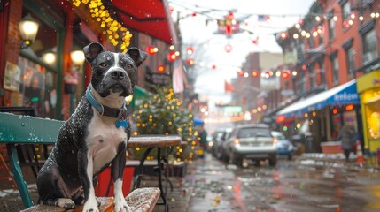   A black-and-white dog sits on a bench before a city store, adorned with Christmas lights