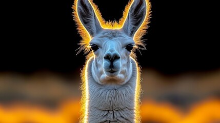 Obraz premium A tight shot of a llama's face against a black backdrop, illuminated by orange and yellow lights