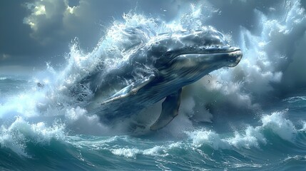  whale leaping out of turbulent waters, surrounded by crashing waves - obrazy, fototapety, plakaty