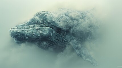   A humpback whale swims through the water, head elevated above the surface, as it dives for food