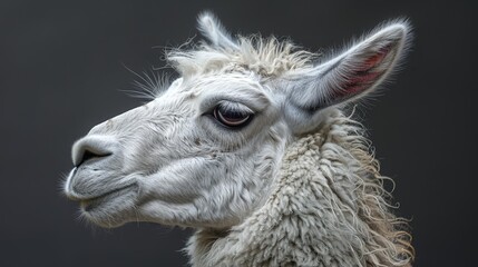   A llama's face, tightly framed, against a black backdrop Gray sky in the distance