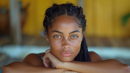   A tight shot of a woman with a solemn expression, her hand resting on her chin against a yellow backdrop
