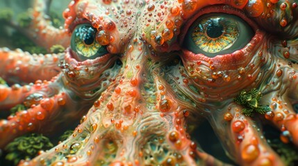   A tight shot of an octopus's face, adorned with water droplets clinging to its teary eyes and moistened body