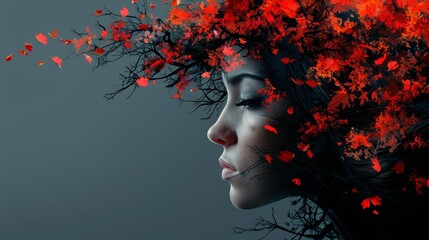   A woman with red leaves entwined in her hair, wind rustling through it